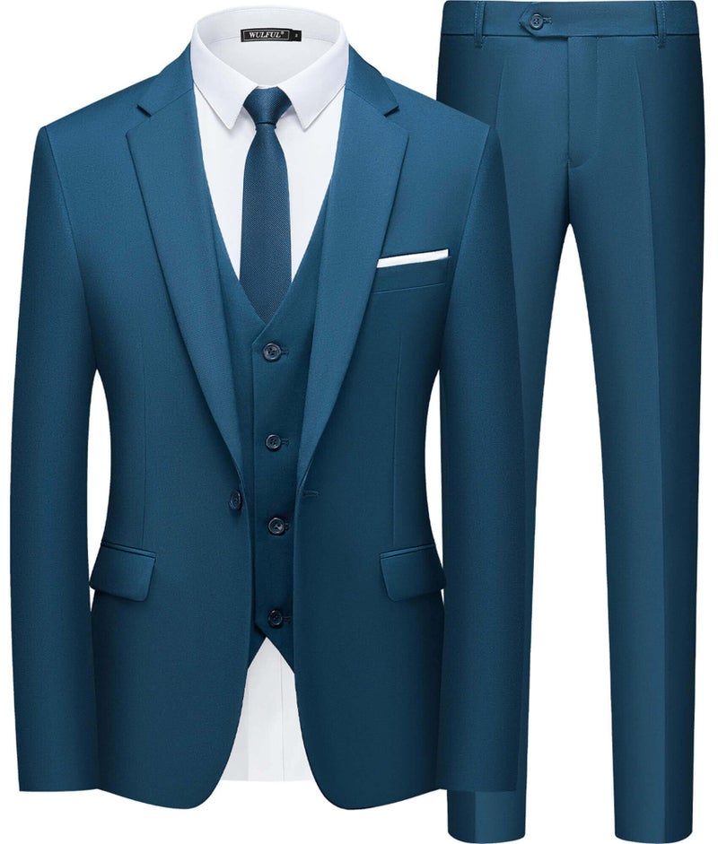 WULFUL Menâ€™s Slim Fit Suit One Button 3-Piece Blazer Dress Business Wedding Party Jacket Vest & Pant Teal Blue - Image 1